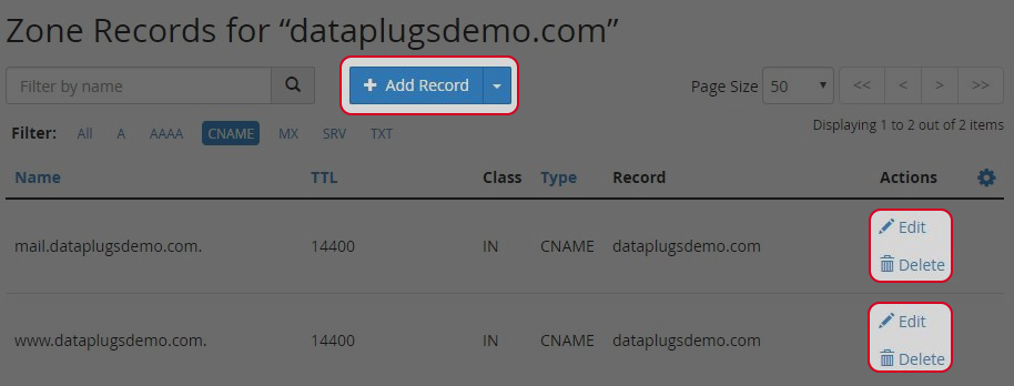 Click “Add Record” or  “Edit” or “Delete” to manage the MX records. 