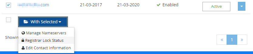 Select the domain name and click on the “Register Lock Status” button. 