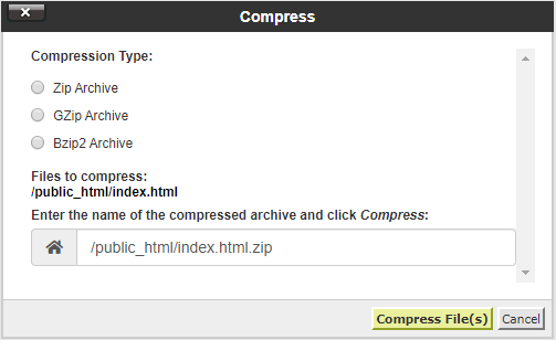 Compress or extract file or folder using File Manager Select the type of compression you want (select Zip Archive if unsure), name the file and click “Compress Files”.