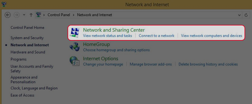 Choose “Network and sharing Center”. 