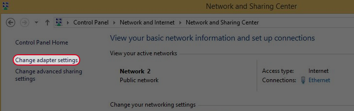 Click “Change adapter settings”. 