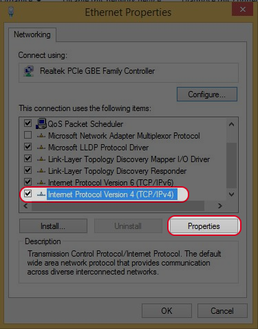 Choose “Internet Protacol Version 4(TCP/IPv4)” and click “Propoties”. 