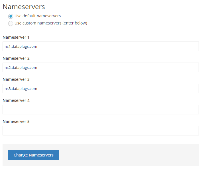 Choose “Use custom nameservers (enter below)”. You can enter your new nameservers, then click “Change Nameservers” when you finished.
