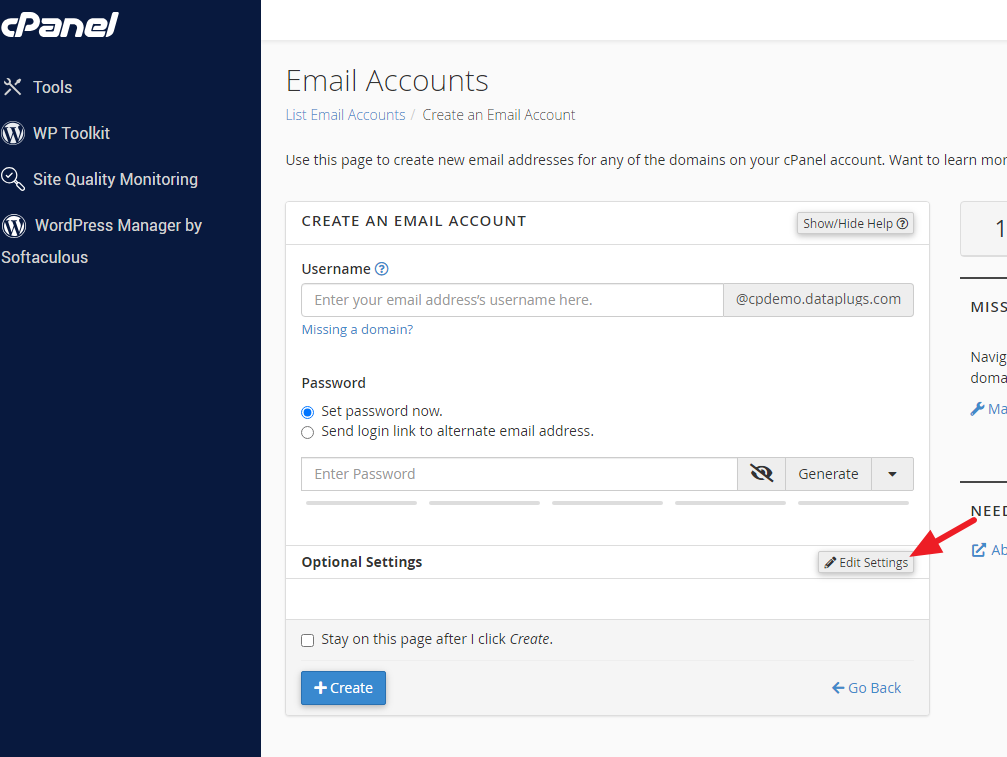 You could specify the mailbox quota by clicking “Edit Settings” 