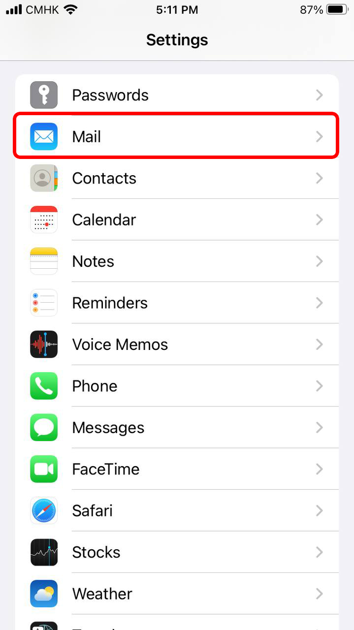 Scroll down and tap “Mail”.
