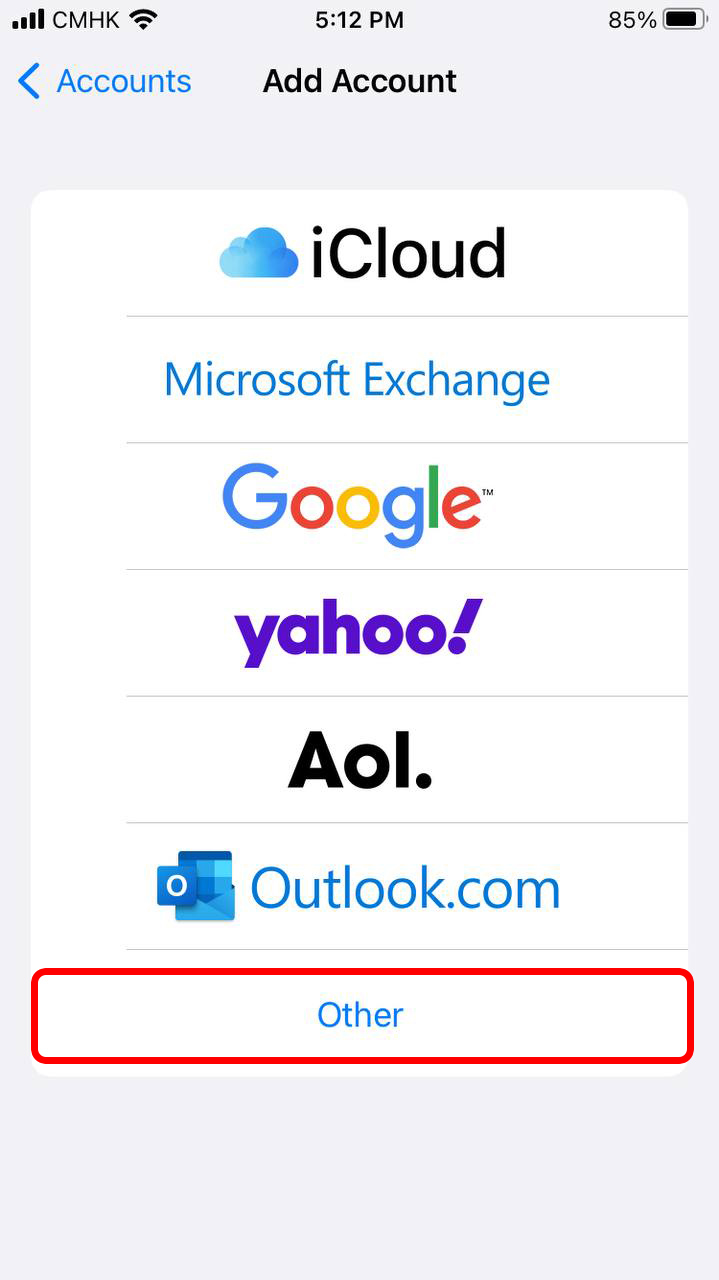 Choose an email provider from the list on the Add Account page.
If your preferred email provider is supported by iOS, you will be prompted to sign in on its page. For other email providers, such as Dataplugs, users can manually configure their accounts by selecting the “Other” option.
