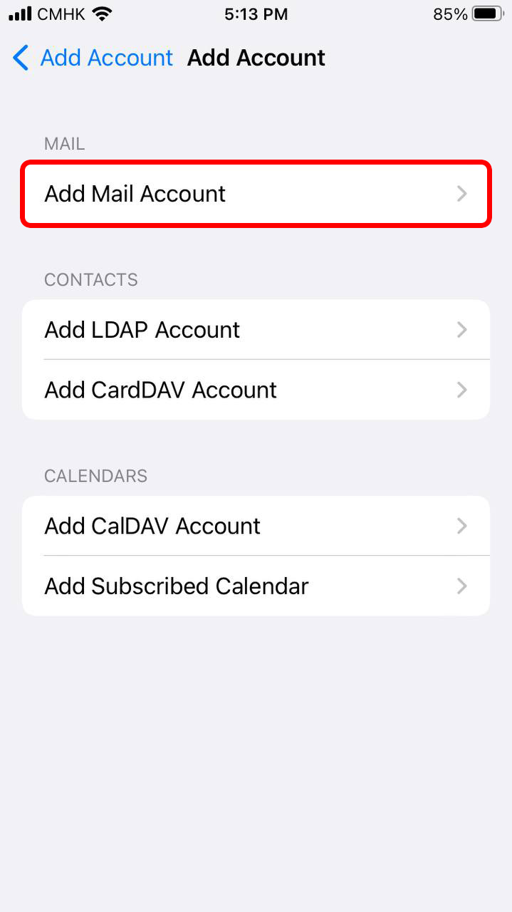 Select “Add Mail Account”.
