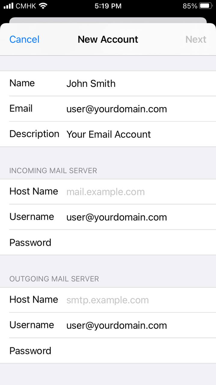 To start syncing your email on an iPhone, complete the New Account form with the following information:
– Name – The display name that will appear on outgoing messages.
– Email – The email address you want to add to your device.
– Password – The login password for your email account.
– Description – A personal label to help you identify the account (e.g., “Work” or “Personal”).
Once you’ve entered all the details, tap “Next” to proceed.

